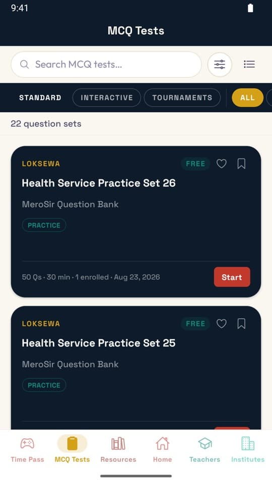 MeroSir app: the MCQ Tests list with Loksewa practice sets